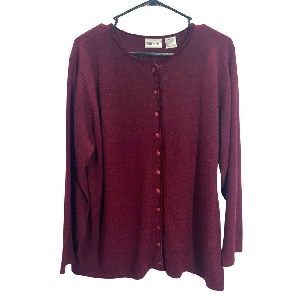 Maroon Cardigan Sweater 18 20 Plus Size Button Front Velour Trim Cozy Vintage